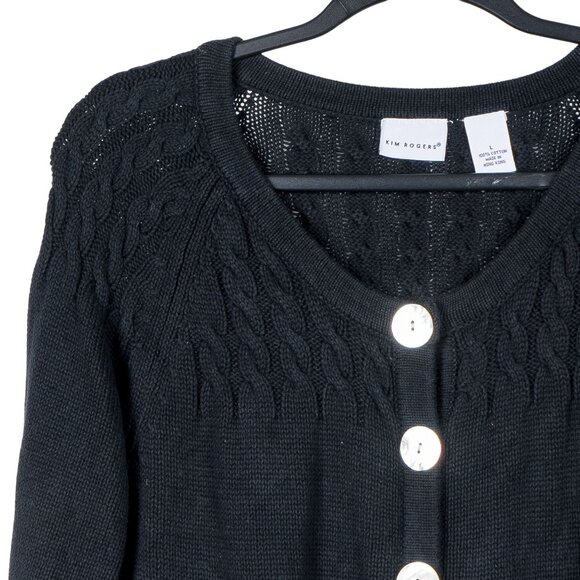 Kim Rogers Cardigan Sweater L Womens Black Duster Cotton Buttons Knit Pockets - Picture 2 of 5